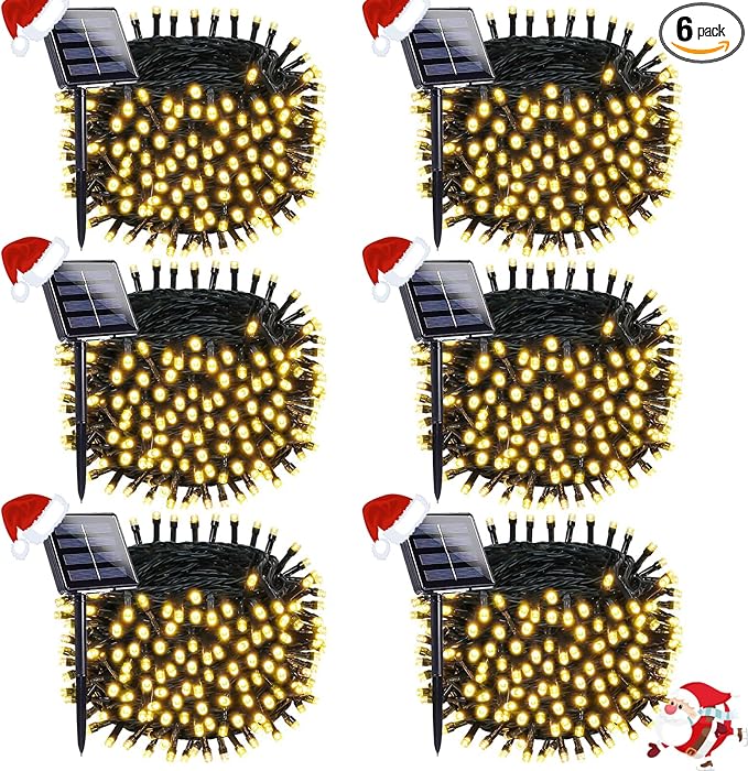 OZS 6 Pack 480LED Solar String Lights Outdoor, Waterproof 8 Modes Solar Tree Light, Green Wire Christmas Lights Outdoor for Garden, Party, Wedding, Christmas Decorations (Warm White)