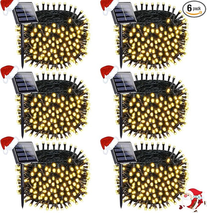 OZS 6 Pack 480LED Solar String Lights Outdoor, Waterproof 8 Modes Solar Tree Light, Green Wire Christmas Lights Outdoor for Garden, Party, Wedding, Christmas Decorations (Warm White)