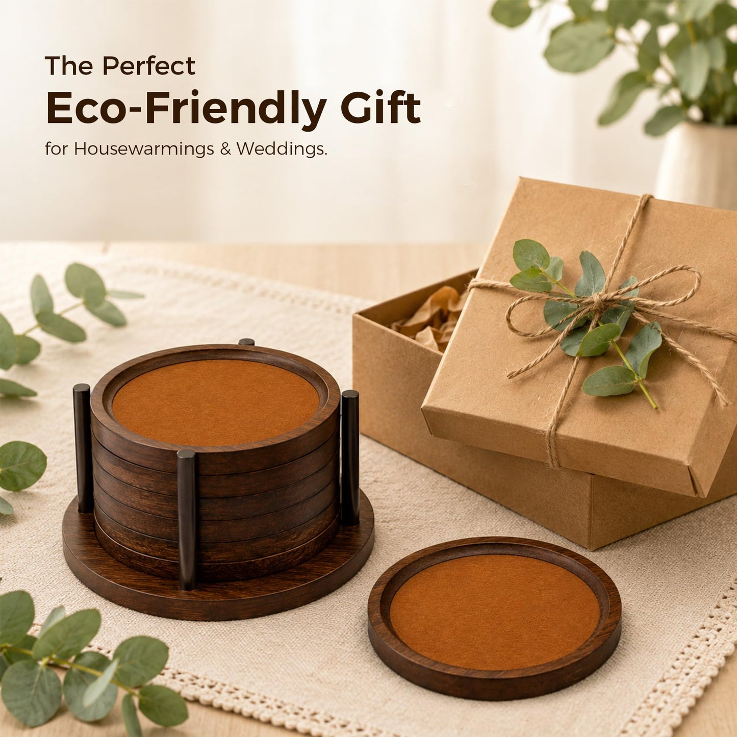 MinBoo Bamboo Coasters for Coffee Table Set of 6 Coasters for Drinks Absorbent with Holder Coffee Table Decor for Tabletop Protection Gifts for House Warming New Home & Wedding (Dark Brown 6Pcs)