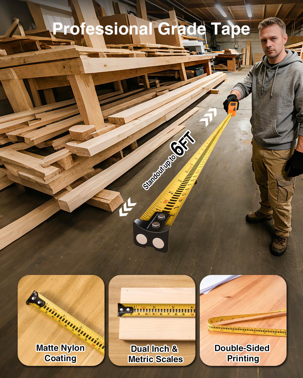 328Ft 3-in-1 Digital Laser Tape Measure Rechargeable Measuring Tool &16Ft Auto-Lock Tape Measure Movable Magnetic Hook with Area/Volume/Pythagorean, Ft/in/M/Ft+in for Construction;Woodworking;Home DIY