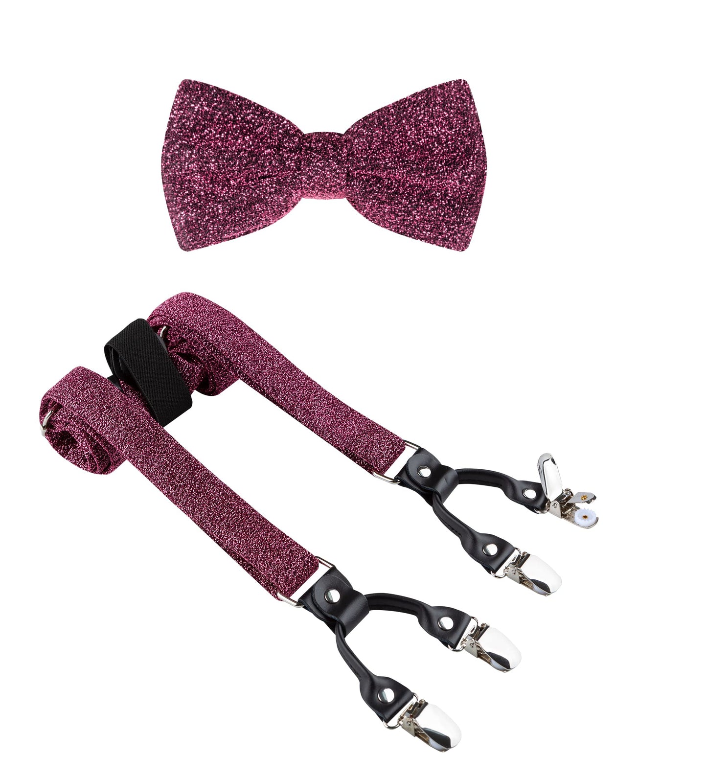 TIE G Men's Glitter Velvet Suspender + Bow Tie Set for Wedding, Party : Glittering Effects, Adjustable Braces, Strong 6 Clips (Twinkle Rose Pink)