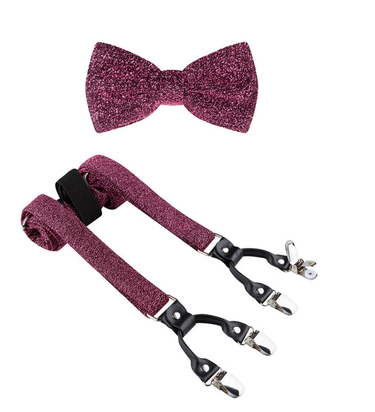 TIE G Men's Glitter Velvet Suspender + Bow Tie Set for Wedding, Party : Glittering Effects, Adjustable Braces, Strong 6 Clips (Twinkle Rose Pink)