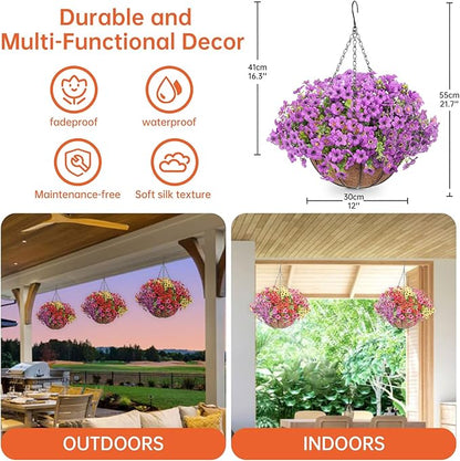 Artificial Hanging Faux Flowers Basket, Fake Silk Daisy Eucalyptus Plants Arrangement,for Spring Summer Outdoor Decoration,UV Resistant, Coconut Planter,Look Real for Home Garden Decor (Purple)