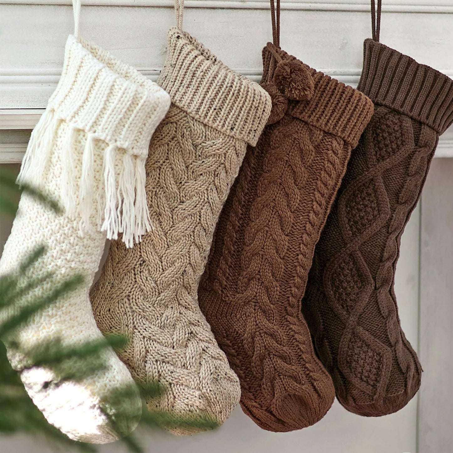 Farmhouse Knitted Personalised Christmas Stockings: 4 Pack 18 Inch Rustic Neutral Cable Knit Fireplace Stockings, Rustic Cozy Hanging Xmas Stocking Decorations for Family Holiday Décor, Earth Tones