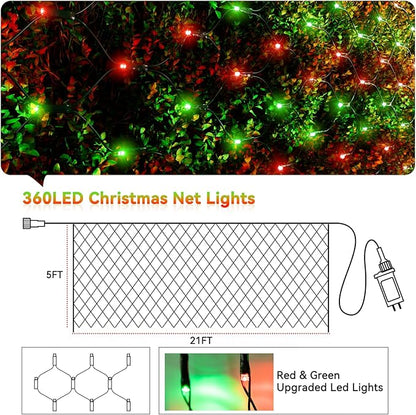 LitHome 21FT x 5FT Christmas Net Lights Outdoor, 360 LED Red Green Bush Lights with 8 Modes, Connectable Waterproof Net Mesh Light Dark Green Wire for Bushes Shrubs Outdoor Christmas Holiday Decor