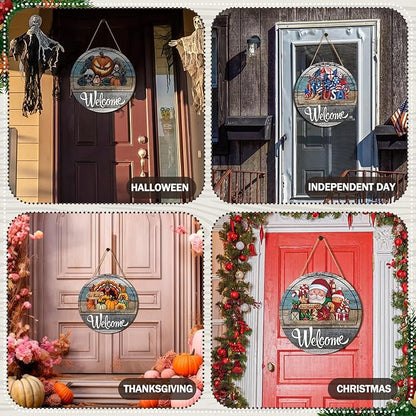 Yousoontic 17 Pcs 12 Inch Magnetic Welcome Door Sign Interchangeable Front Door Decor Rustic Fall Seasonal Hanging Sign Halloween Christmas Decor for Home Warming Gift(Retro Color,Grain Welcome)
