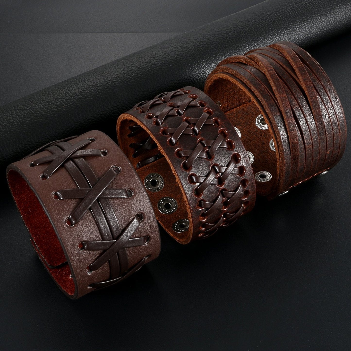 OIDEA Assorted 3pcs Mens Punk Multistrand Leather Braided Bangle Cuff Bracelet for Biker Dad Father, Size Adjustable,Brown