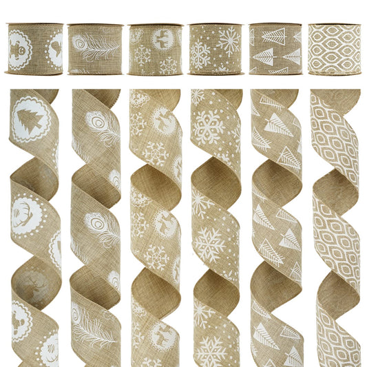 MEEDEE Burlap & White Print Ribbon - Wired Burlap Ribbon, 2.5 Inch, 6 Rolls, 36 Yards - Christmas Tree & Wreath Decorations