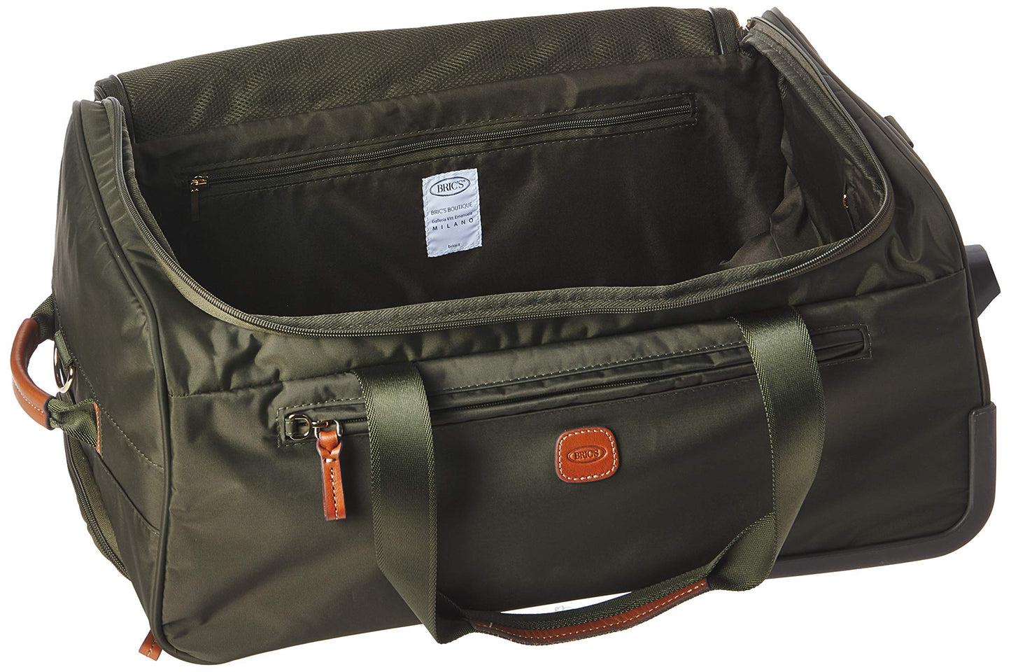 Bric’s X-Bag 21” Rolling Duffel – Water-Resistant Recycled Nylon Carry-On with Silent Wheels, Leather Details, Exterior Zipped Pocket, Garment Straps & Detachable Shoulder Strap – Olive