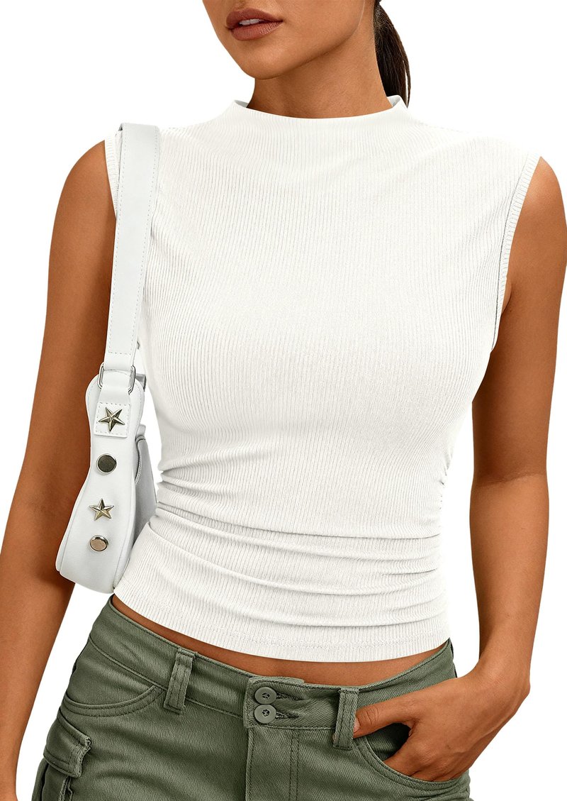 PRETTYGARDEN Sleeveless Tops for Women Ribbed Mock Neck Tank Top Slim Fitted Ruched Basic Layering Shirts 2026 Summer Clothes (White,Small)