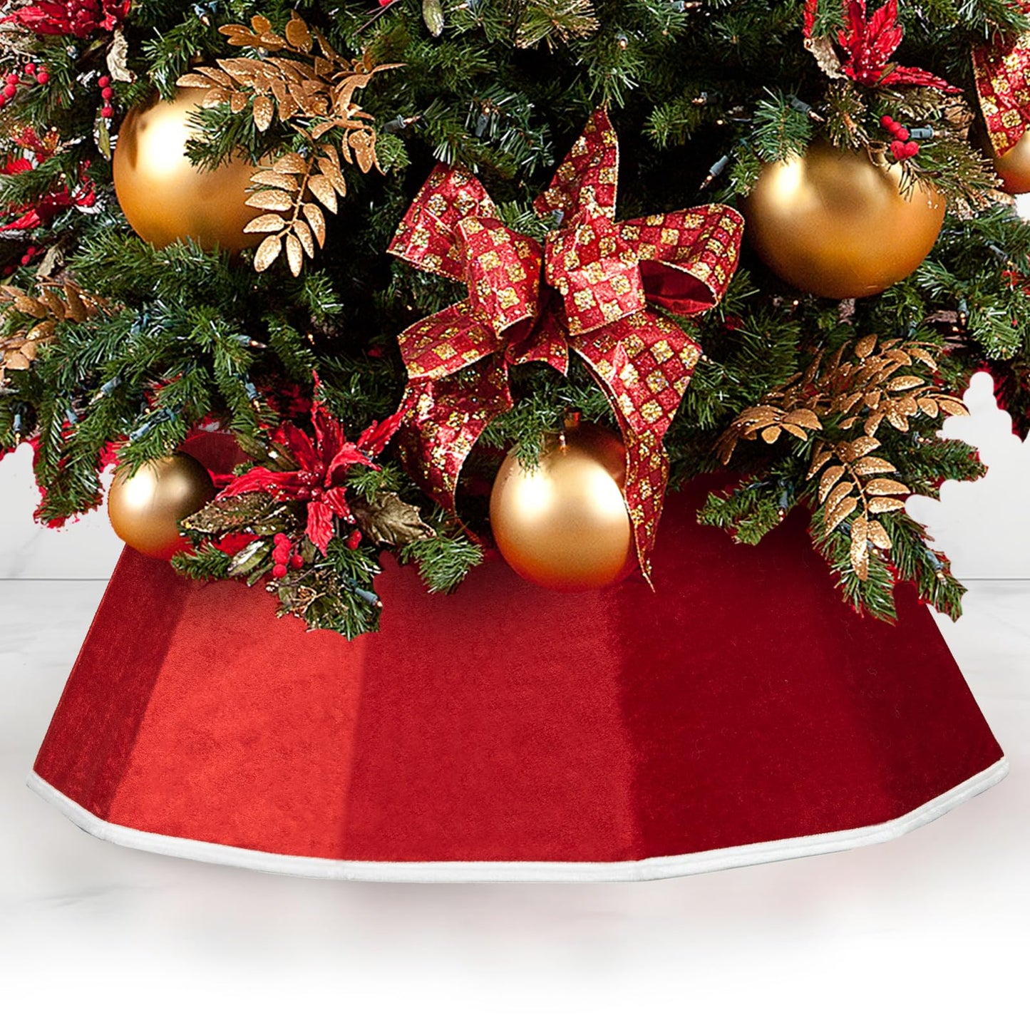 Christmas Tree Collar, 26.3" Red Velvet Foldable Tree Ring Skirt for Pencil Tree, Rustic Farmhouse Tree Stand Base Cover for Artificial Trees, Xmas Holiday Home Décor