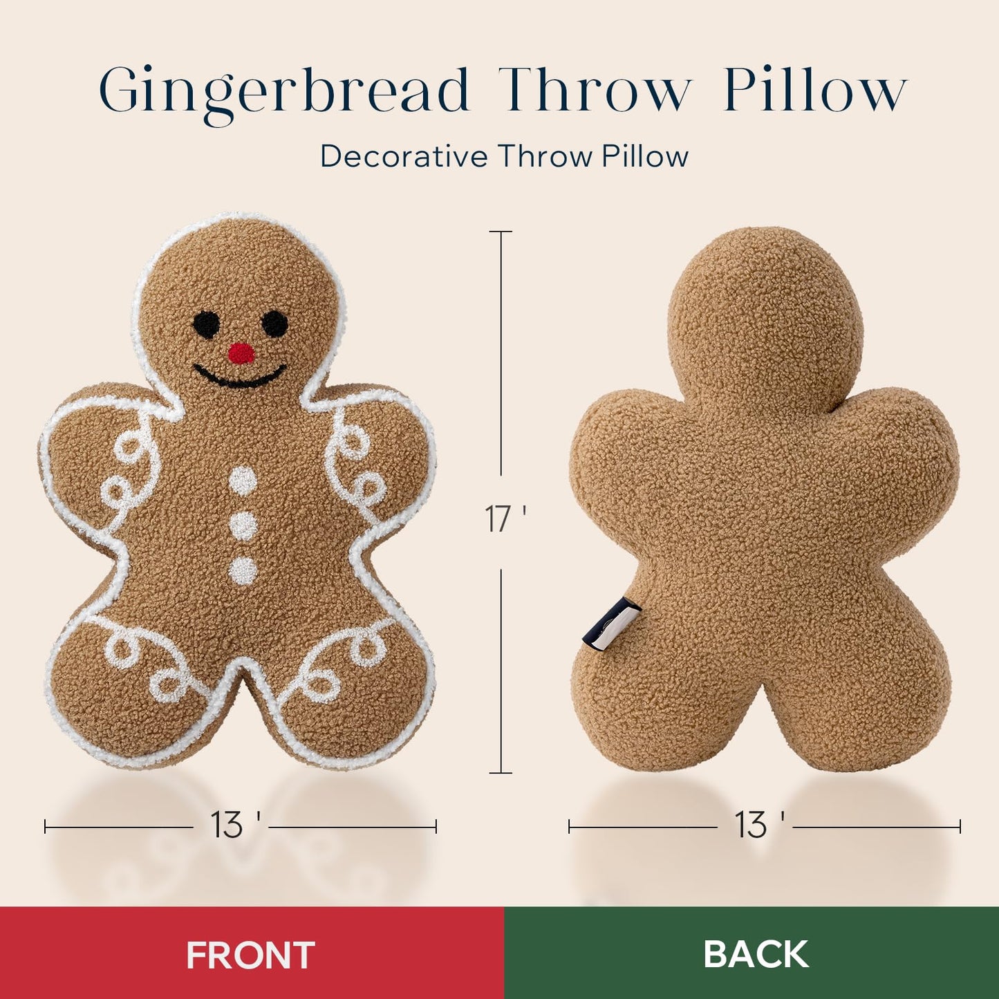 Phantoscope Gingerbread Man Merry Christmas Throw Pillow, Plush Teddy Xmas Gingerbread Shaped Pillows Christmas Decorative Pillow for Couch Living Room Bed, Beige,13 x 17 inches