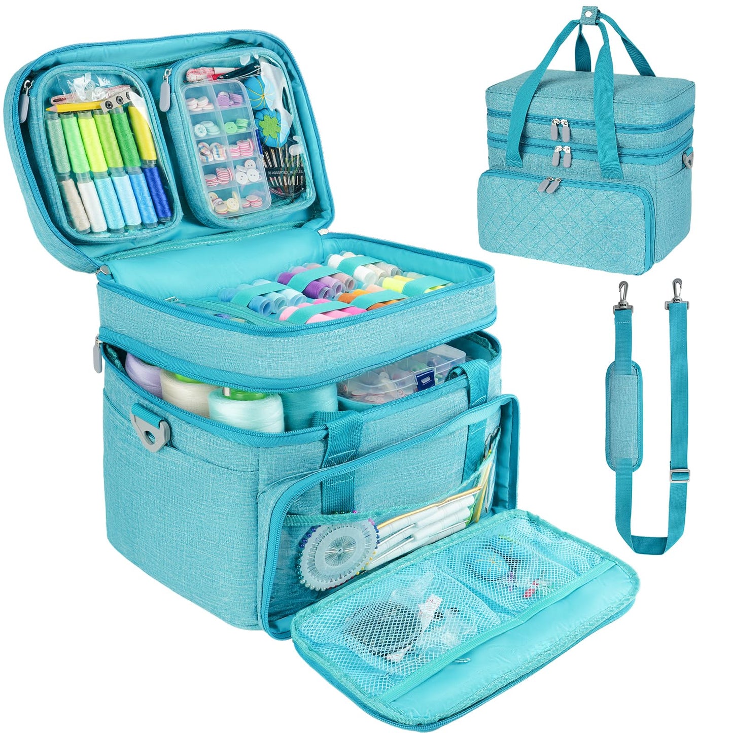 MRINCA Sewing Accessories Organizer Bag, Double Layer Sewing Storage Bag with Shoulder Strap, 2 Detachable Pouches, Large Portable Sewing Travel Case for Supplies, Thread, Scissors, Tools (Blue)