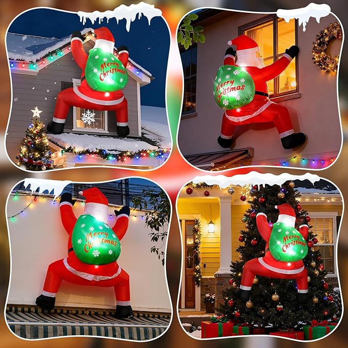 6FT Christmas Inflatable Outdoor Decorations Hanging Santa Built-in Bright LEDs, Blow Up Climbing Santa Claus with Gifts Bag, Giant Christmas Decor for Window Wall Outdoor Xmas Holiday Party Lawn
