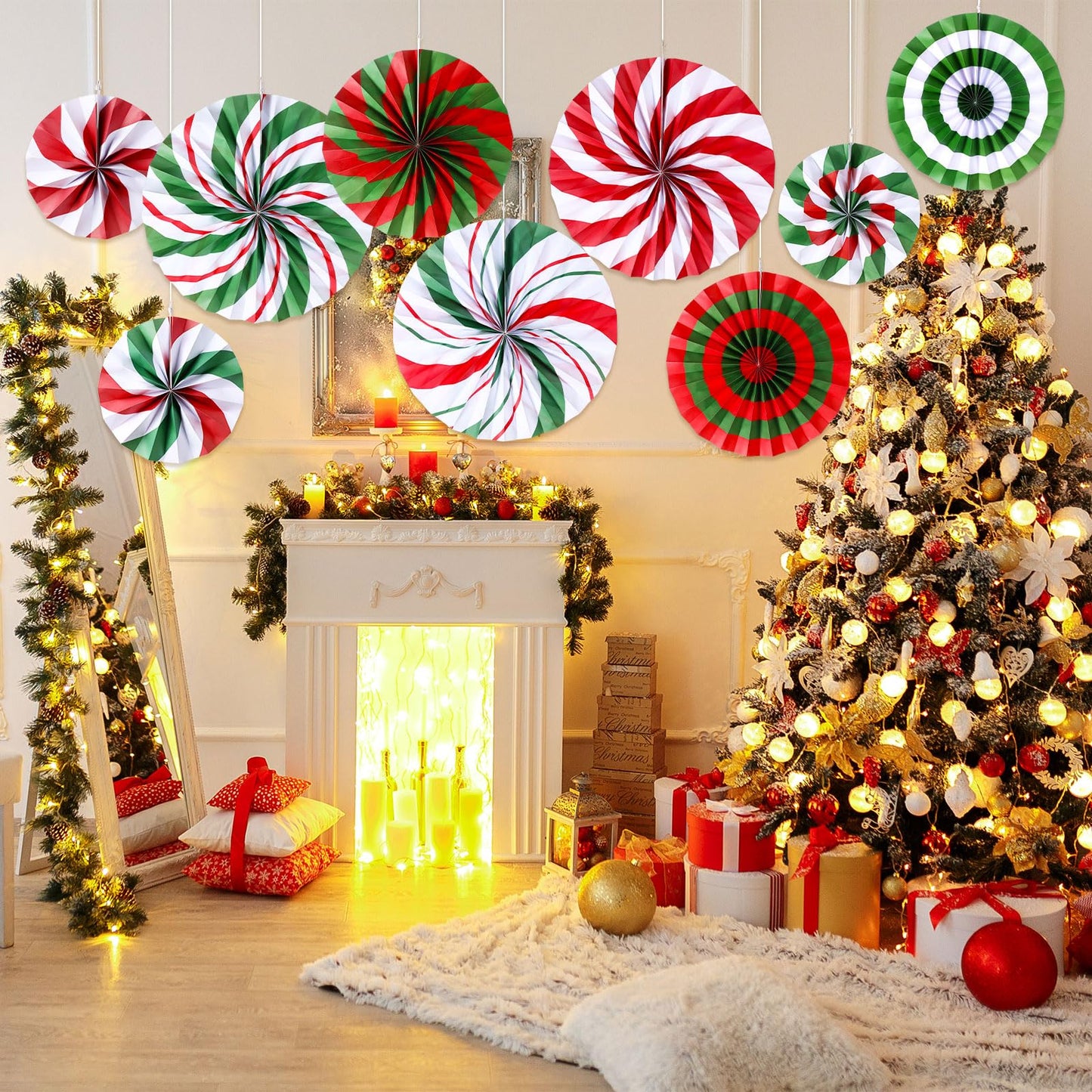 Outus 27 Pcs Christmas Hanging Decorations Candy Paper Fans Peppermint Hanging Paper Fans Candy Cane Ceiling Wall Decor for Christmas Party Classroom Birthday Party (Fresh)