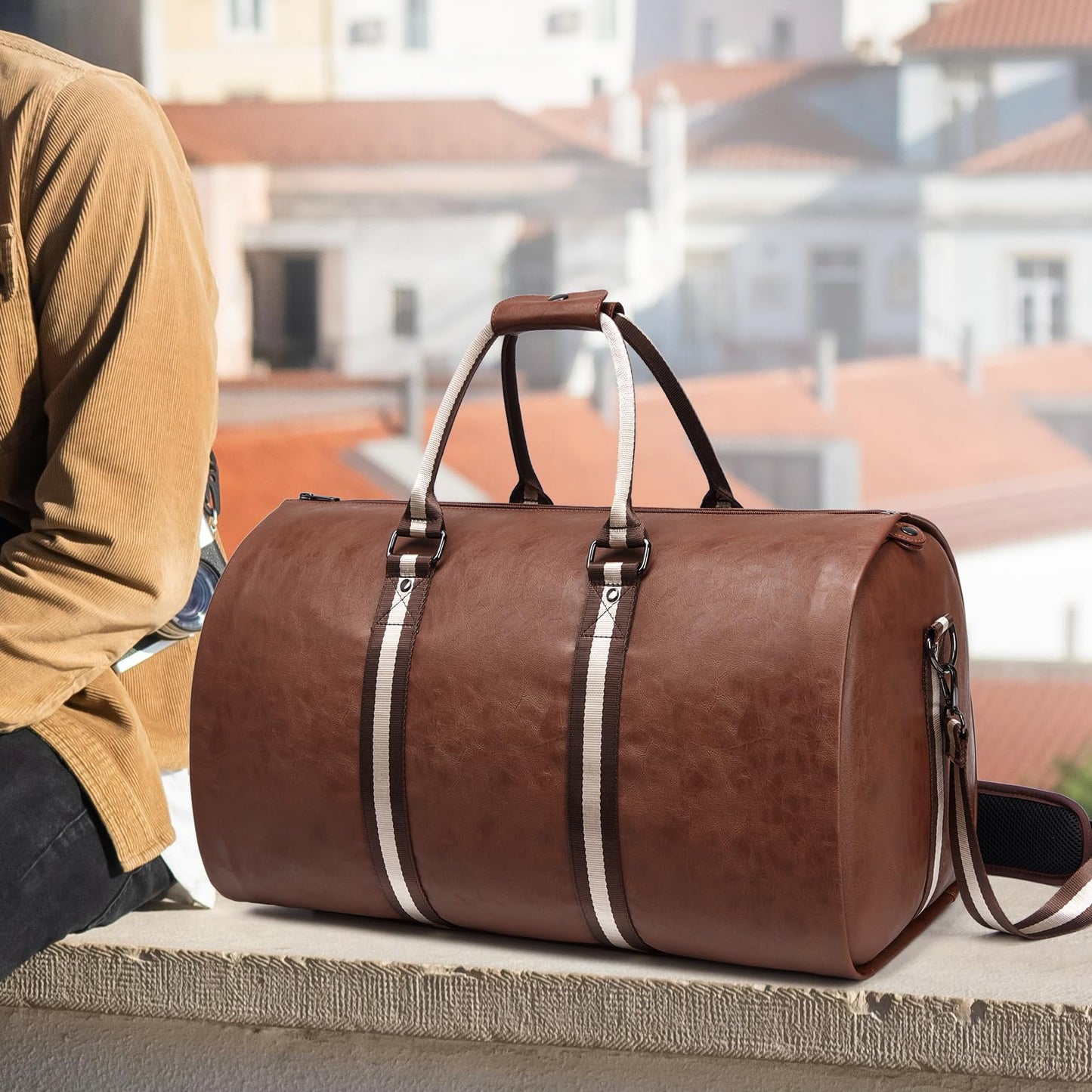 Leather Garment Bags for Travel, Convertible Carry on Garment Duffel Bag for Men, 2 in 1 Waterproof Foldable Travel Suit Bag with Shoulder Strap Weekender Bag with Shoe Pouch