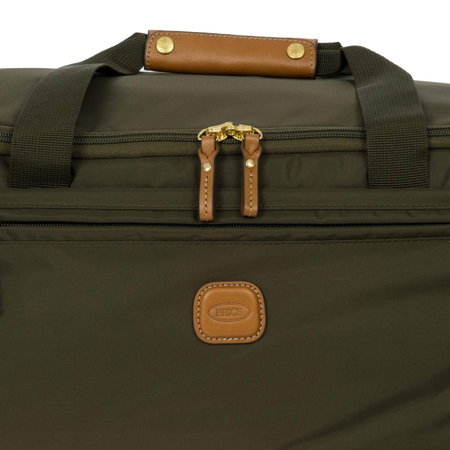 Bric’s X-Bag 21” Rolling Duffel – Water-Resistant Recycled Nylon Carry-On with Silent Wheels, Leather Details, Exterior Zipped Pocket, Garment Straps & Detachable Shoulder Strap – Olive
