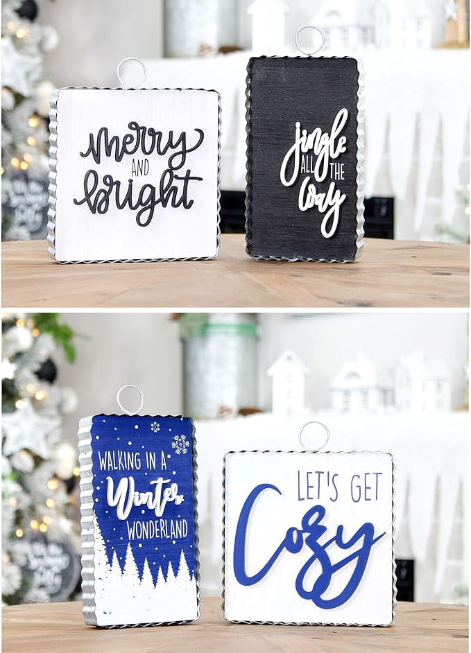 AuldHome Design Reversible Christmas/Winter Sign Set (2-Piece Set w/ 4 Designs); Holiday and Seasonal Block Signs w/ Rustic Farmhouse Galvanized Frames