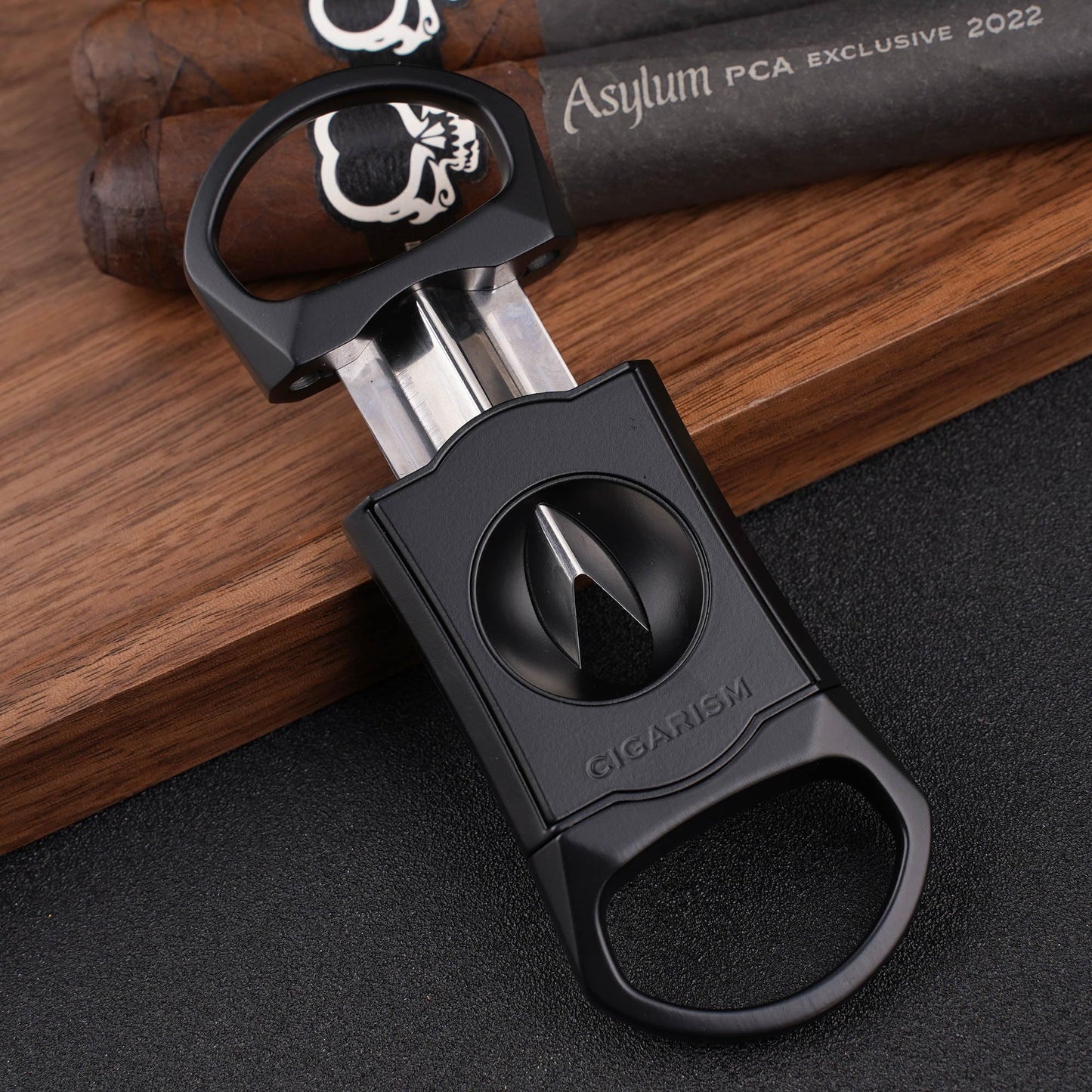 CIGARISM V-Cut Cigar Cutter Stainless Steel Blade, Up to 60+ Ring Gauge in Leather Gift Case (Black)