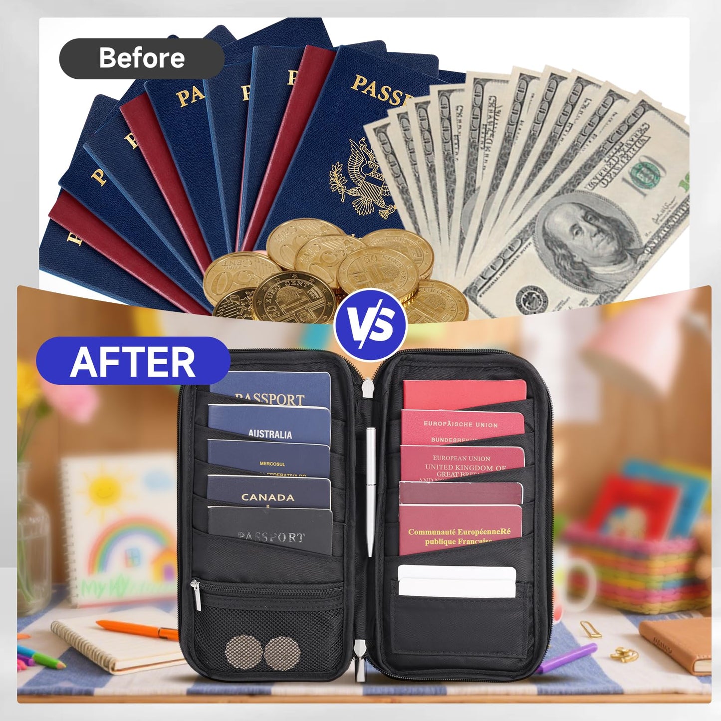 WALNEW Passport Holder Travel Family for 10, RFID-Blocking Wallet and Document Organizer Passports with Zipper, for Cards, Boarding Passes, Money, Tickets, Travel Essentials, Black