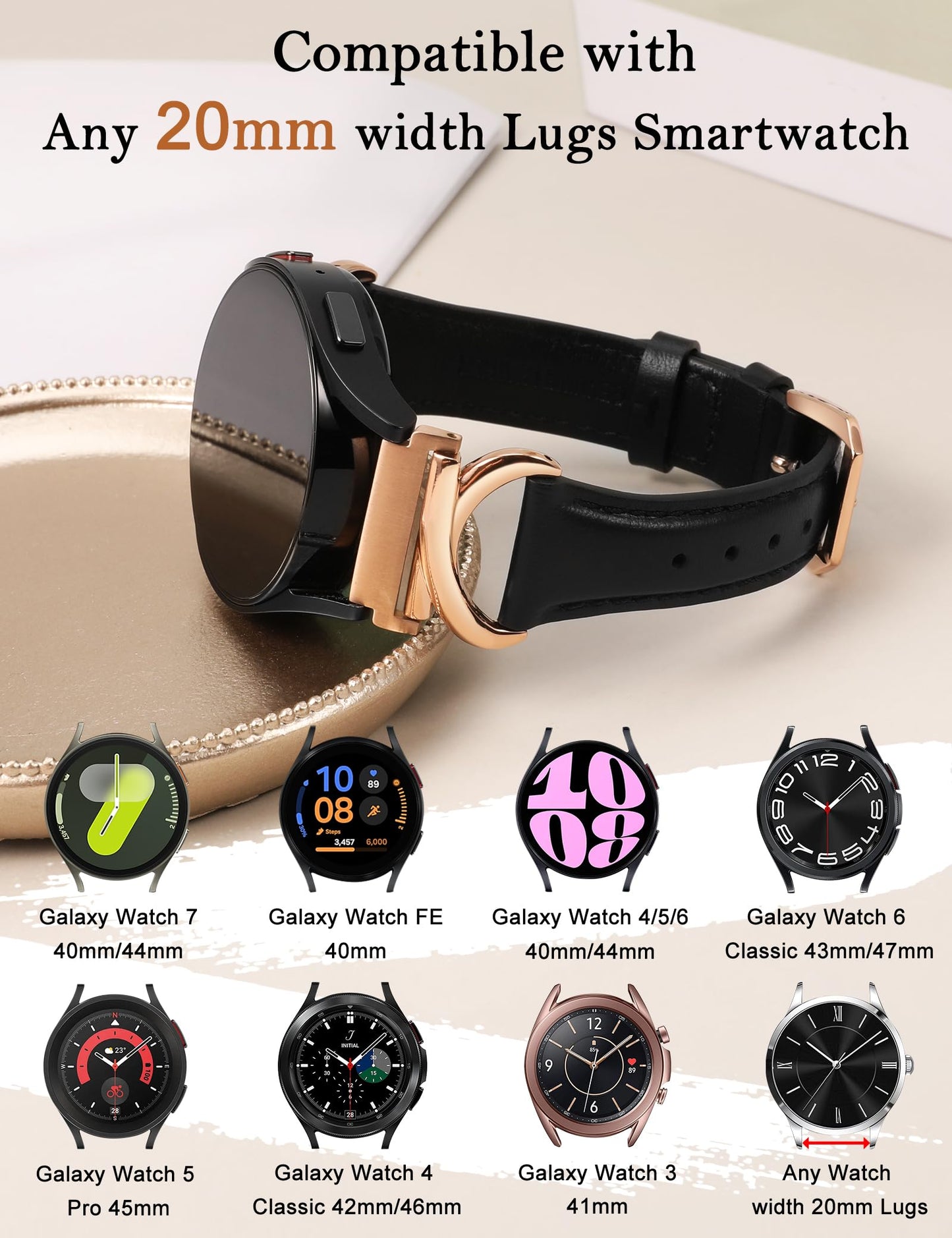 Minyee Leather Bands Compatible with Samsung Galaxy Watch 7/6/5/4/FE/Active 2 40mm 44mm/Watch 6 Classic 43mm 47mm/Watch 5 Pro 45mm Band, 20mm Slim Dressy Leather Strap with C-Shape Metal Buckle Women