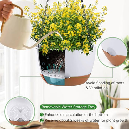Set of 2 10 Inch Self Watering Hanging Planters for Indoor Outdoor Plants, Color Blocking Hanging Baskets Flower Pots with Drainage Hole & Removable Water-Storage Tray and 20" Chain Hanger