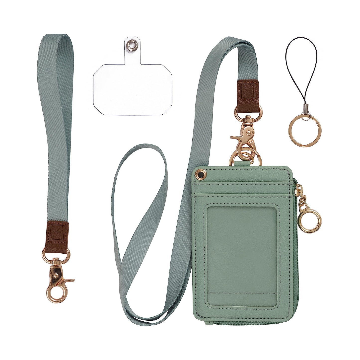 MONDO DESIGNS 2-in-1 Lanyard Wallet with ID Badge Holder - Small Keychain Wristlet Wallet for Women with Zipper Card Pocket and Phone Lanyard, Wrist Strap Office Teacher - Sage Green