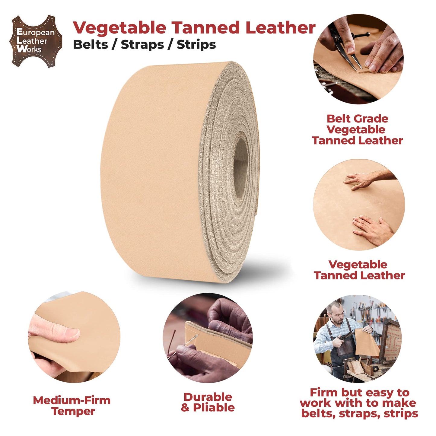 ELW Belt Blanks Strips/Straps 8/9 oz. (3.2-3.6mm) Thickness Size 1-1/4"x84" Full Grain Import Natural Cowhide Vegetable Tanned Leather for Tooling, Engraving, Embossing, Molding, & Dyeing