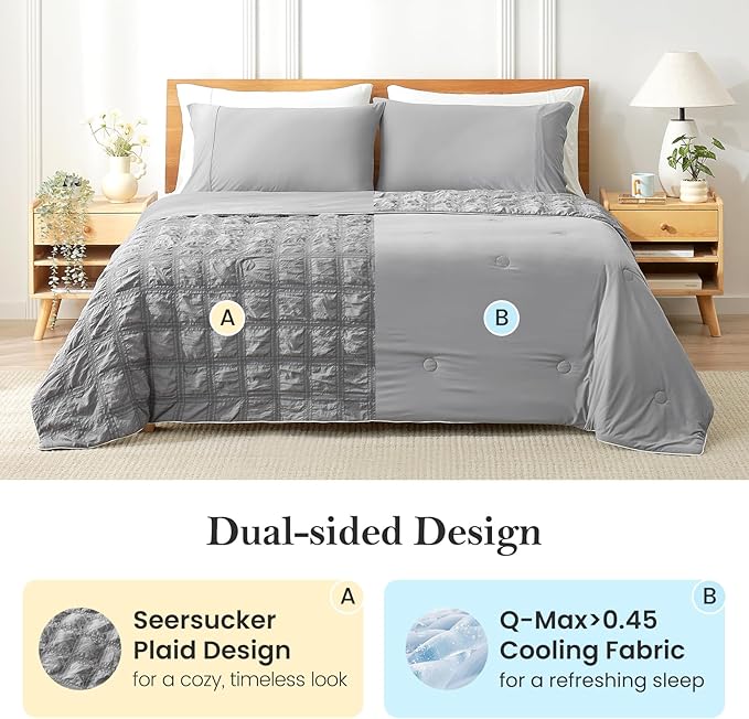 Cozy Bliss Cooling Comforter Full Size Seersucker Plaid, Q-Max 0.4 Reversible Lightweight Cooling Blanket, Breathable Silk Smooth Summer Bedding Quilt for Hot Sleepers Night Sweats Dark Grey