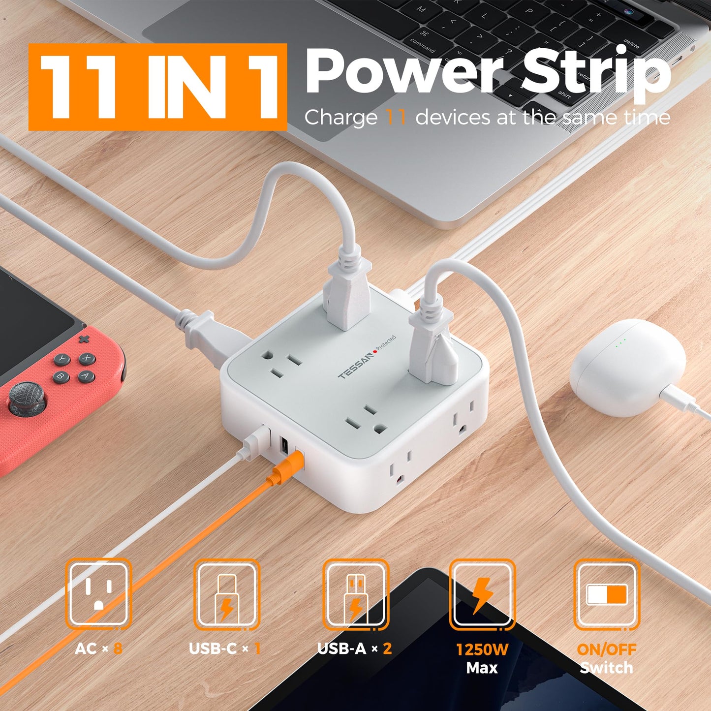 TESSAN Surge Protector Power Strip, 5 Ft Flat Plug Extension Cord with 3 USB (1 USB C) 8 Outlets, 900J Surge Protection, 3 Sided Outlet Extender with Power Switch for Office, Dorm Room Essentials