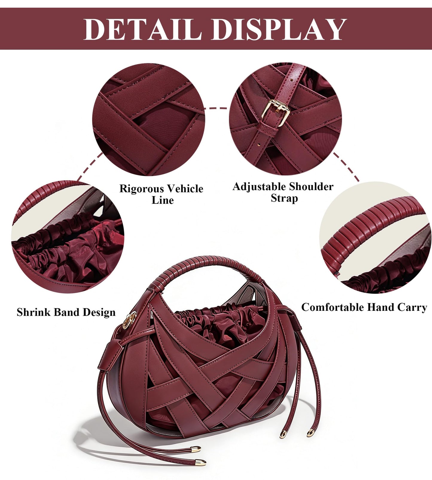 myfriday Woven Crossbody Bag for Women, Semicircle Boho Handbag Vegan Leather Shoulder Hand Purse with Drawstring (Black)
