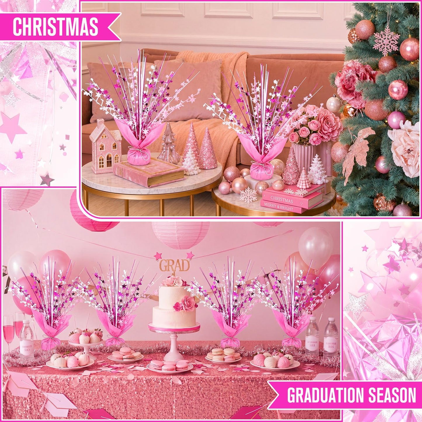 SiliFine 12 Pack Metallic Foil Spray Centerpiece Star Table Decoration Burst Glitter Table Centerpieces for Birthday Wedding Baby Shower Anniversary Holiday Party Supplies, Pink White Rose Red