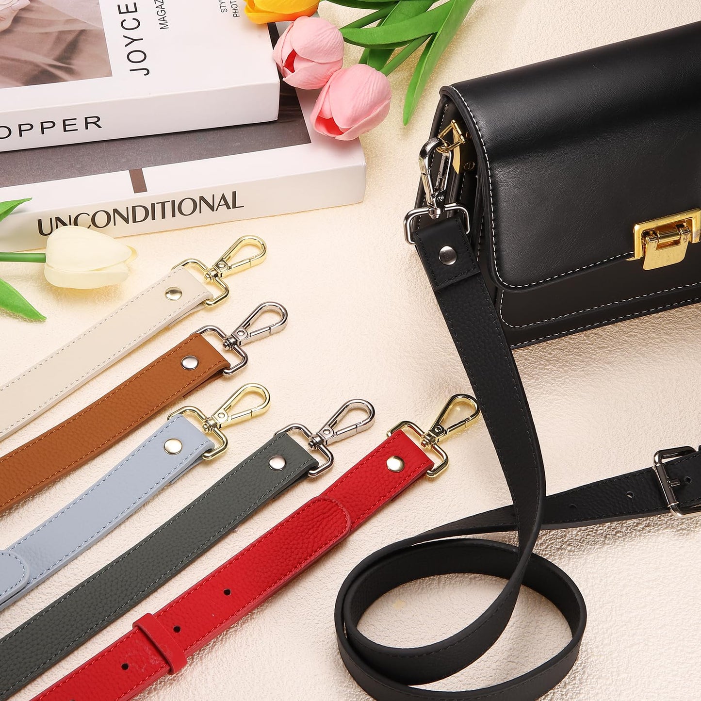 uxcell Genuine Leather Purse Strap, 41.7"-51.2" Adjustable Crossbody Replacement Straps 1" Width for Women Handbags Shoulder Bag (Black, Silver Buckle)