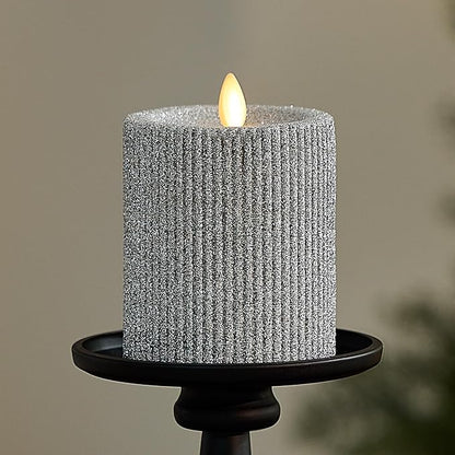 Luminara Brilliant Silver Glitter Ribbed Flameless LED Candle Moving Flame Pillar, Real Wax, Flat Top, Timer (3.25" x 4.5")