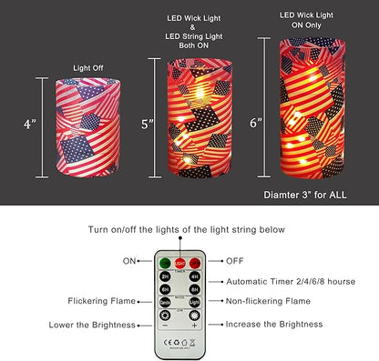 Flickering Flameless Candles Stars and Stripes Print US Flag, Embedded Star String Lights, Battery Operated Acrylic LED Pillar Candles with 11-Key Remote and Timer for Home Decoration, 3 Pack