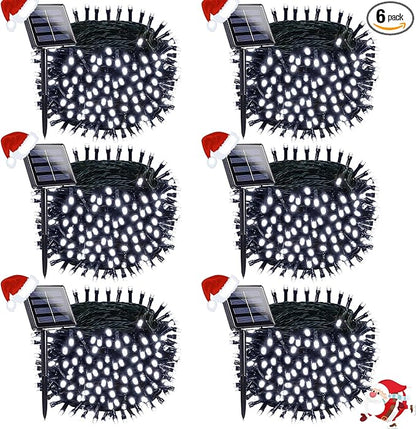 OZS 6 Pack 480LED Solar String Lights Outdoor, Waterproof 8 Modes Solar Tree Light, Green Wire Christmas Lights Outdoor for Garden, Party, Wedding, Christmas Decorations (Cool White)