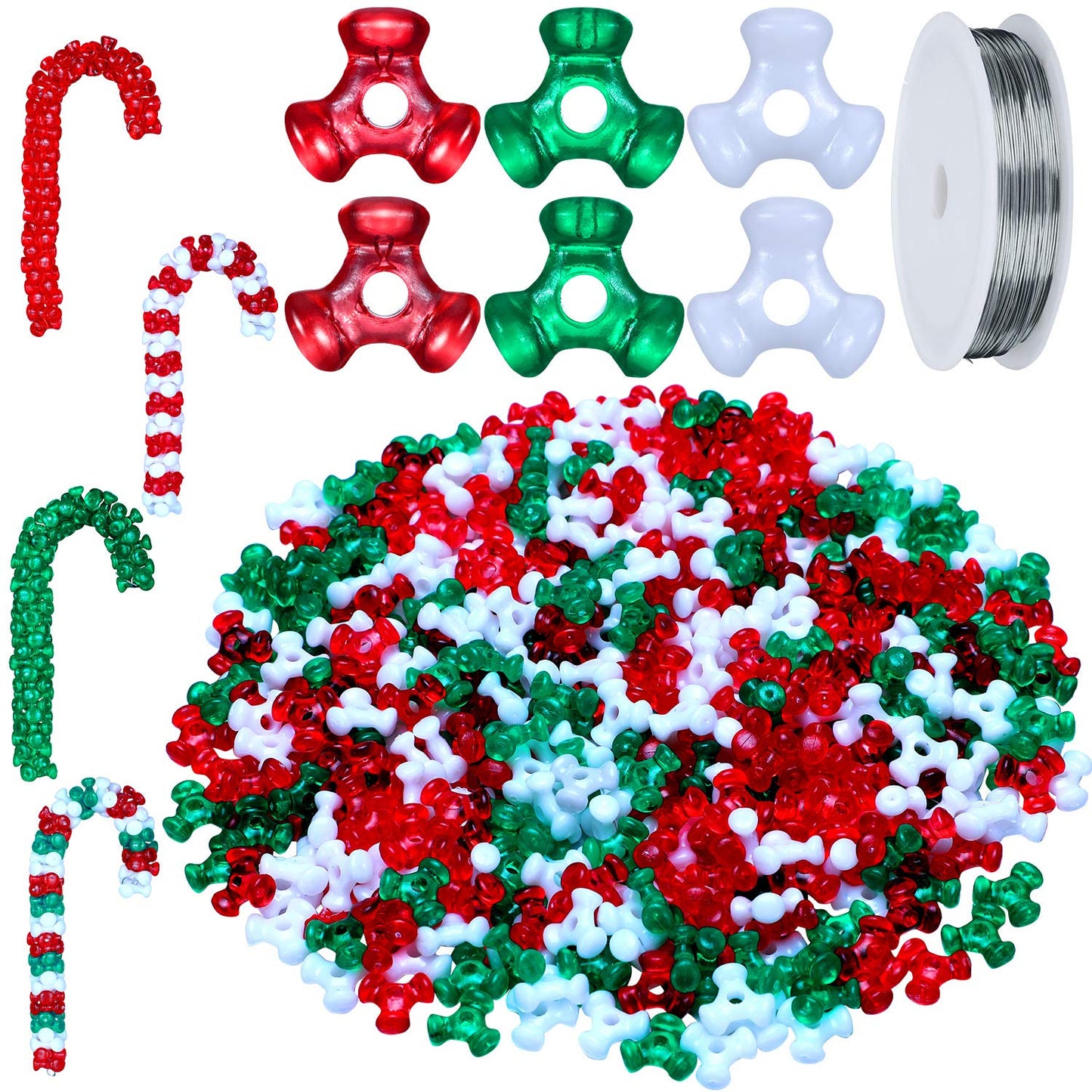 Christmas Tri Beads, Holiday Beaded Ornaments Candy Cane Ornament Craft Kit, Including 0.38 Inch Plastic Tri Beads and Beading Wirefor Christmas Tree Decoration(1600)