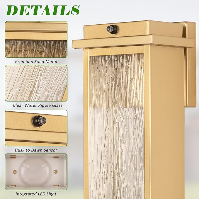 16" Dusk to Dawn LED Outdoor Light 2 Packs, Gold Outside Porch Lights Wall Mount, Large Exterior Lighting Fixtures with Rippled Glass, Waterproof Modern Wall Lantern for House, Patio