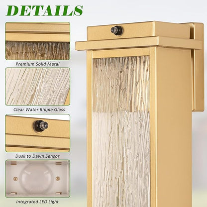 16" Dusk to Dawn LED Outdoor Light 2 Packs, Gold Outside Porch Lights Wall Mount, Large Exterior Lighting Fixtures with Rippled Glass, Waterproof Modern Wall Lantern for House, Patio