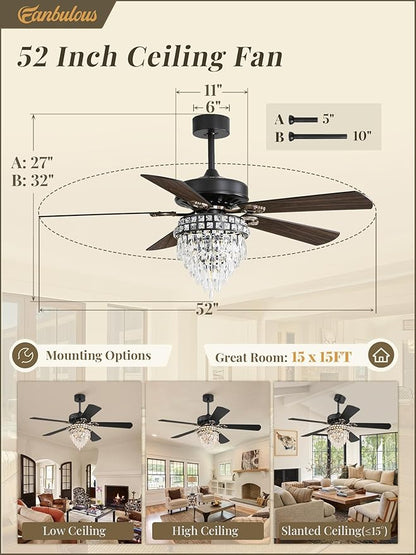 Fanbulous 52 Inch Farmhouse Fandelier Ceiling Fan with Light, Crystal Ceiling Fans Chandelier with 6 Speeds, Quiet Reversible Noiseless DC Motor, 3CCT, Indoor Ceiling Fan for Living Room Bedroom