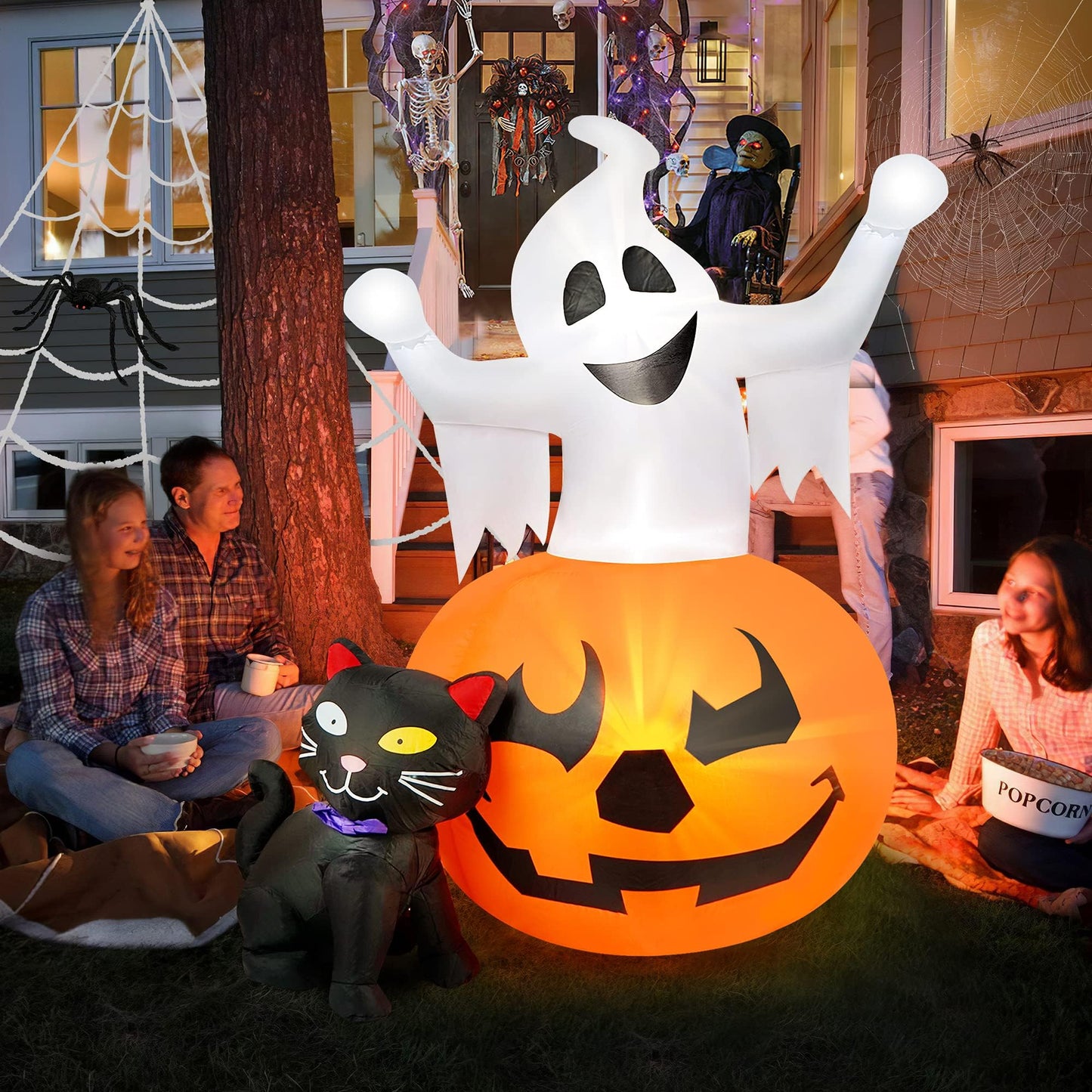 5 FT Halloween Inflatables Outdoor Spooky Pumpkin and Witch' s Black Cat Combo Inflatable Decor, Halloween Blow Up Yard Decorations Clearance with Build-in LED Lights, Halloween Outdoor Decorations