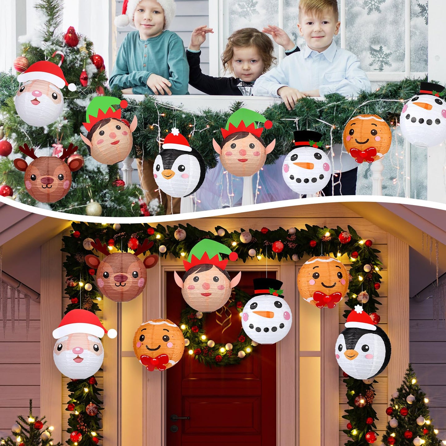 Baquler 12 Pcs Christmas Paper Lanterns 8 Inch Christmas Party Lanterns Gingerbread Man Elk Snowman Green Elf Winter Round Hanging Ornaments for Xmas Winter Holiday Decorations