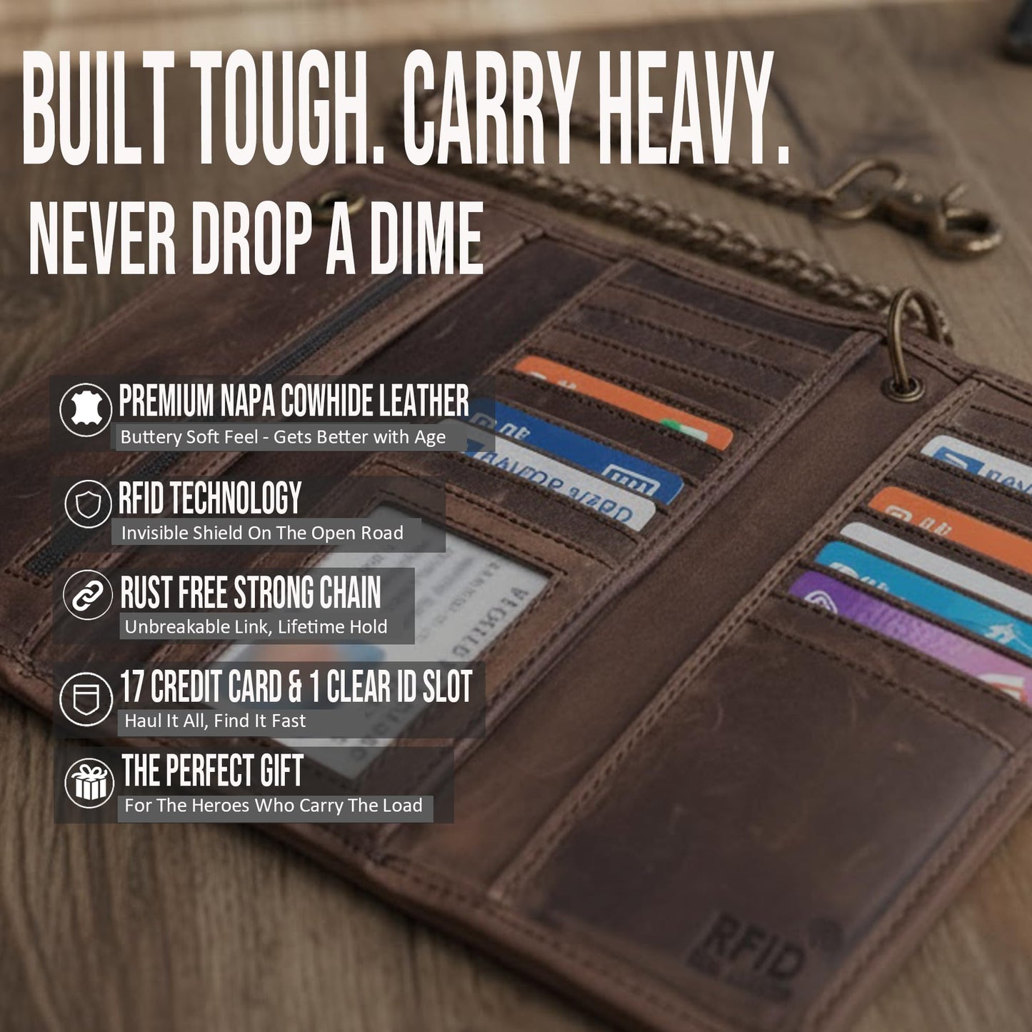 Motorcycle Chain Wallet for Men – Premium Cowhide Leather, RFID Tri-Fold Biker Wallet with Heavy Duty Chain for Bikers Truckers & Hunters, Credit Card Money Organizer Long Wallet Crazy Horse Brown