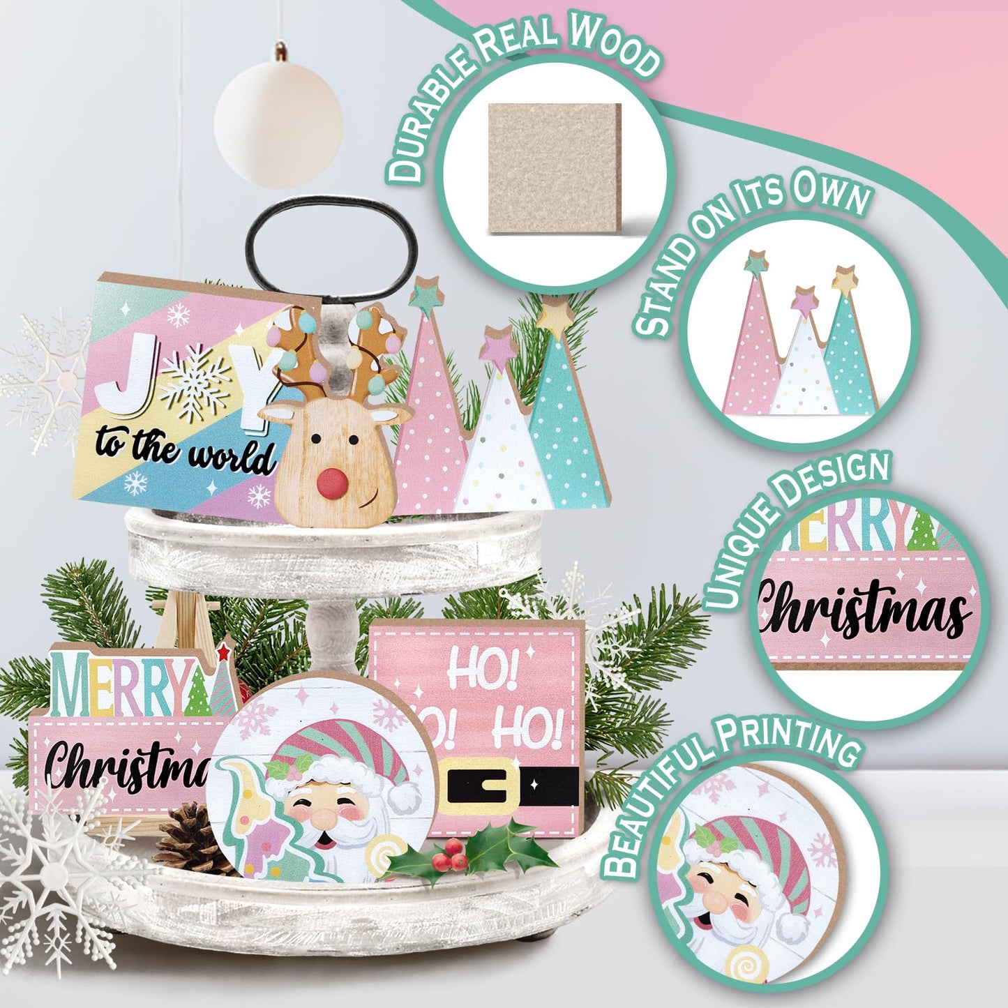 Uruney Merry Christmas Tiered Tray Decor, Pink Xmas Tree Santa Deer Tray Decorations, Hohoho Joy to The World Snowflake Wooden Signs, Holiday Rustic Farmhouse Home Decor for Table Shelf Mantel Party