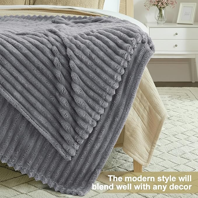 decorUhome Soft Fleece Grey Twin Blanket for Bed, Cozy Fluffy Plush Flannel Striped Throws for Couch Sofa, Lightweight Decorative Ribbed Fuzzy Blanket for Woman, 60x80 Inches