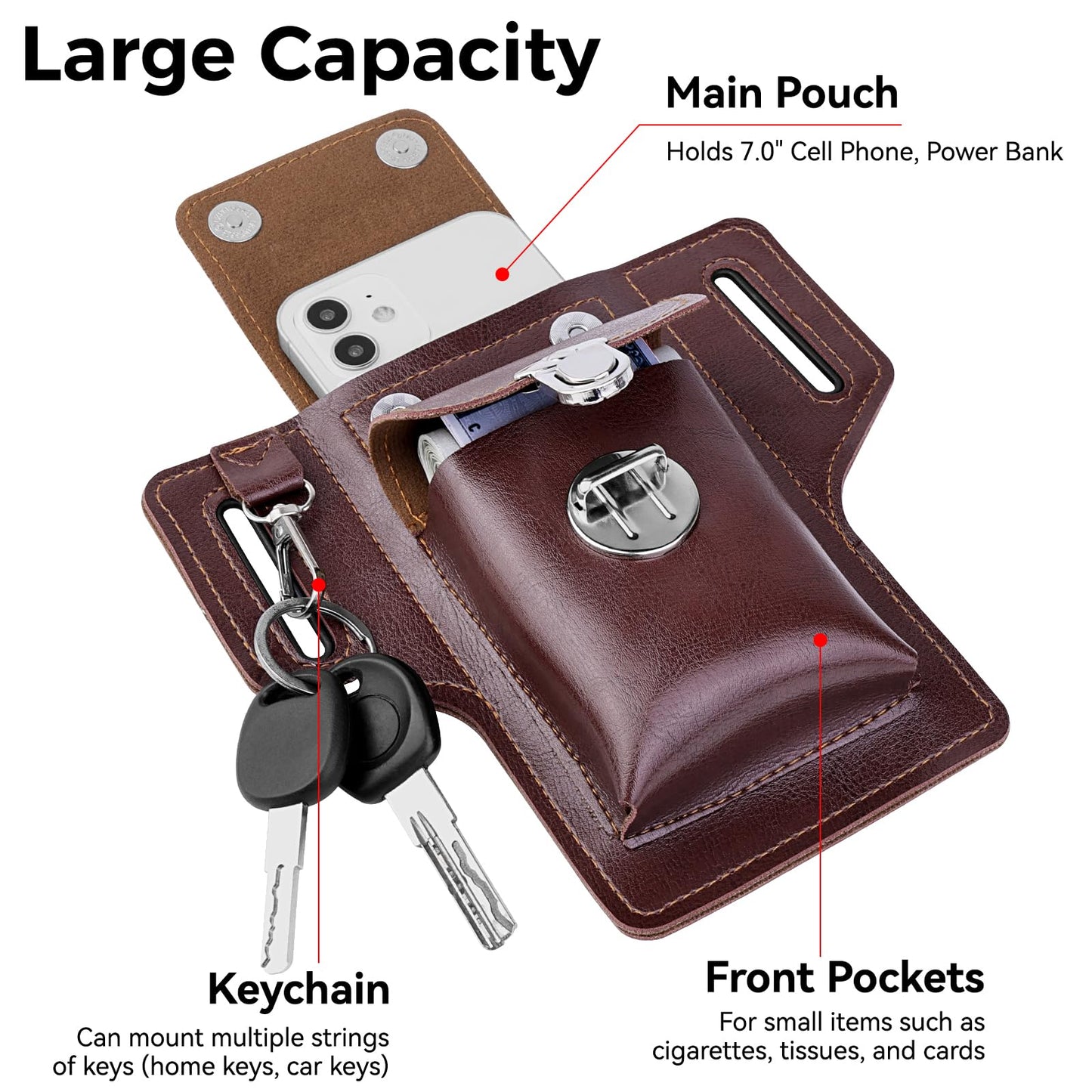 Leather Cell Phone Holster for Men, EDC Belt Pouch with Magnetic Closure & Keychain Clip, Lightweight Universal Waist Phone Case for Large Phones, Dog Walking, Travel & Hiking