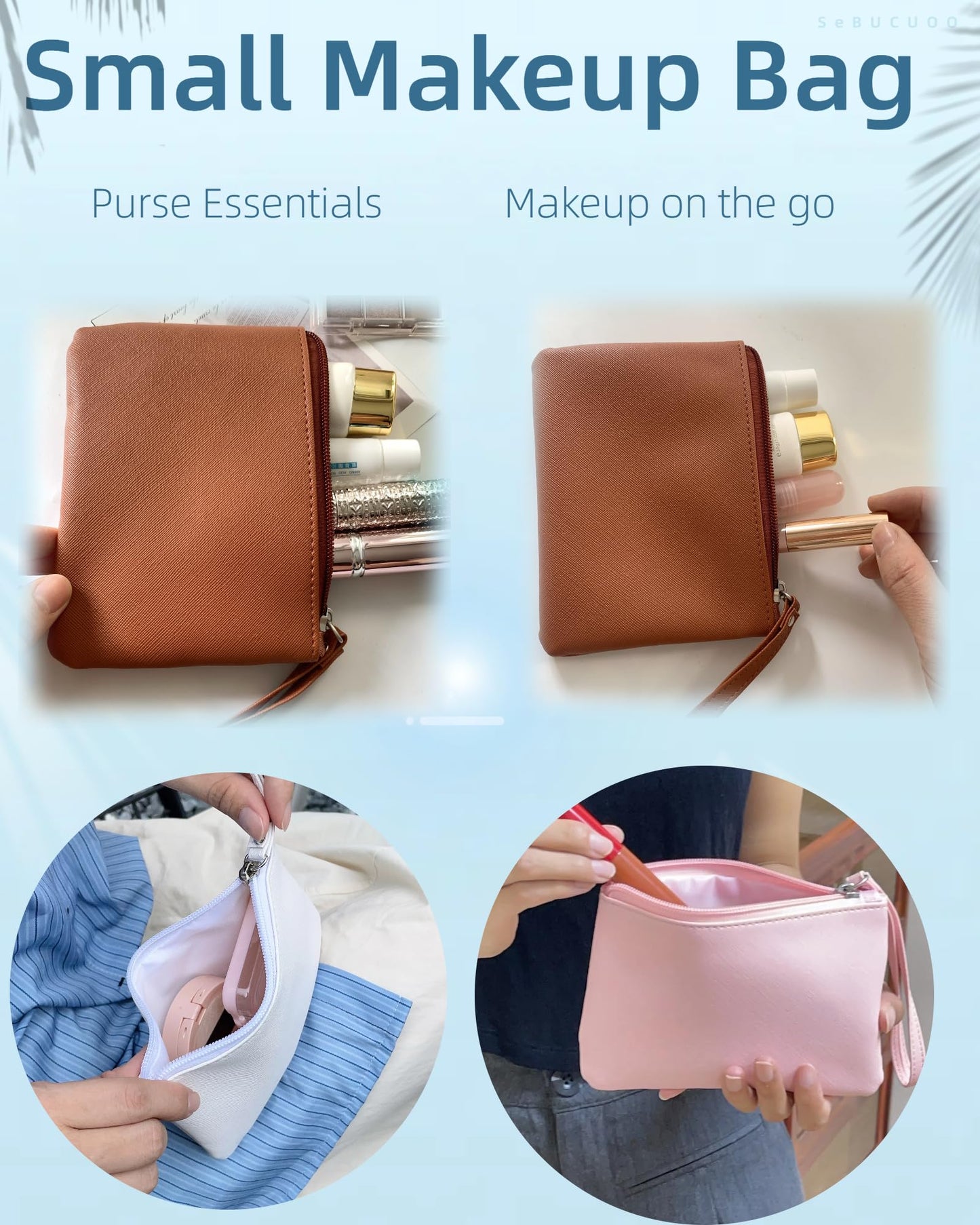 4.5 x 6.5 Clutch Stadium Approved, Leather Coin Purse for Women Wristlet Money Pouches for Cash Car Change with Zipper Lipstick Holder, Extra Small Makeup Bag for Purse Organizer Insert, Brown