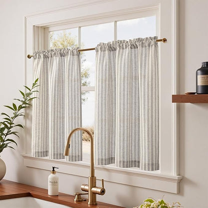 jinchan Striped Linen Kitchen Curtains 36 Inches Tier Curtains Farmhouse Modern Cafe Style Small Window Treatments Airy Light Filtering Rod Pocket for Living Room Bathroom 2 Panels Taupe Grey