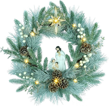 YULETIME 20" Pre-Lit Nativity Wreath, Battery Operated with 10 Fairy Lights, Holy Family Nativity Statue, Star of Bethlehem, Pine Cones, White Mistletoe, Frosted Spruce Branches (Nativity Frosted)
