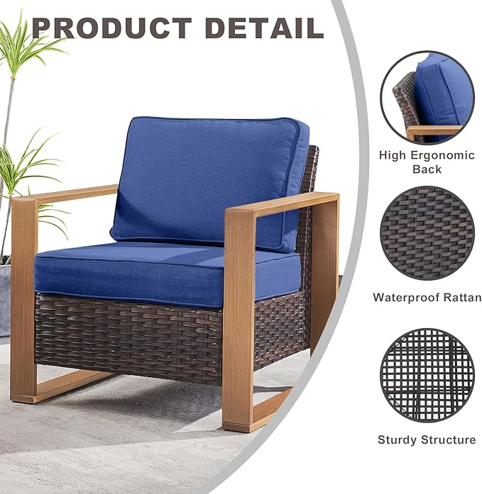 Rilyson Outdoor Wicker Patio Furniture Set - 4 Piece Patio Conversation Set with 2 Wicker Armrest Chairs,2 Rattan Ottoman, Sturdy Frame, Thick Cushions, Deep Seating(Brown/Blue)